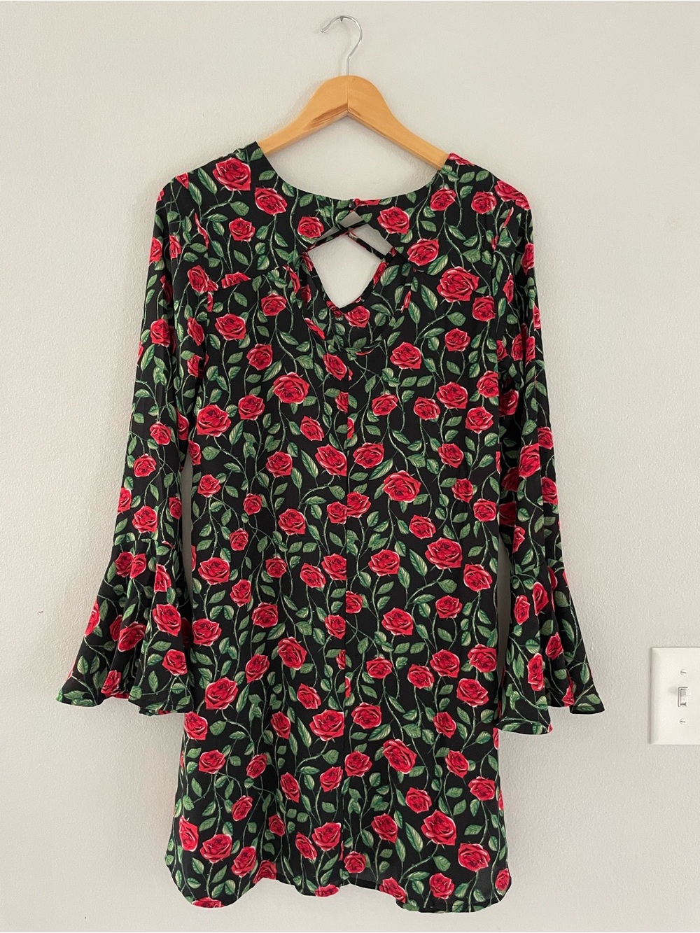 Disney Black Long Sleeve Dress with Red Rose Print